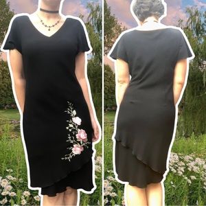 True Vintage 90s Black Midi Slip Dress with Tiered Hem and Pink Rose Embroidery